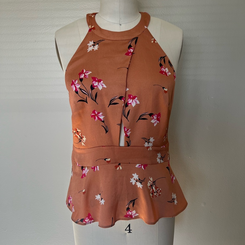 Floral Halter Neck Peplum Top - Orange